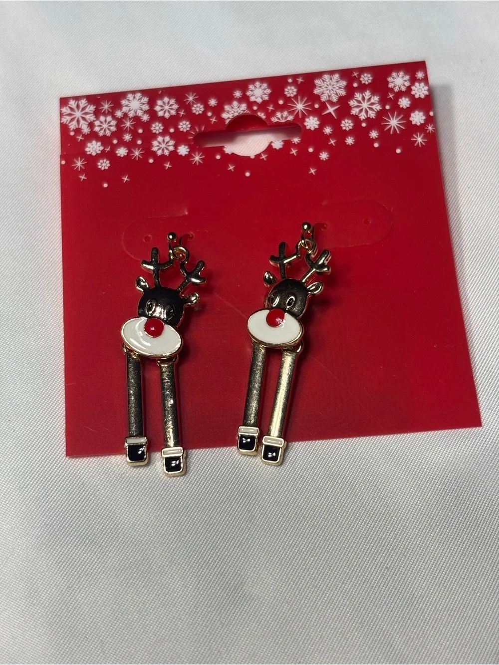 New Christmas Festive Reindeer Drop Earrings - Red, White, Black